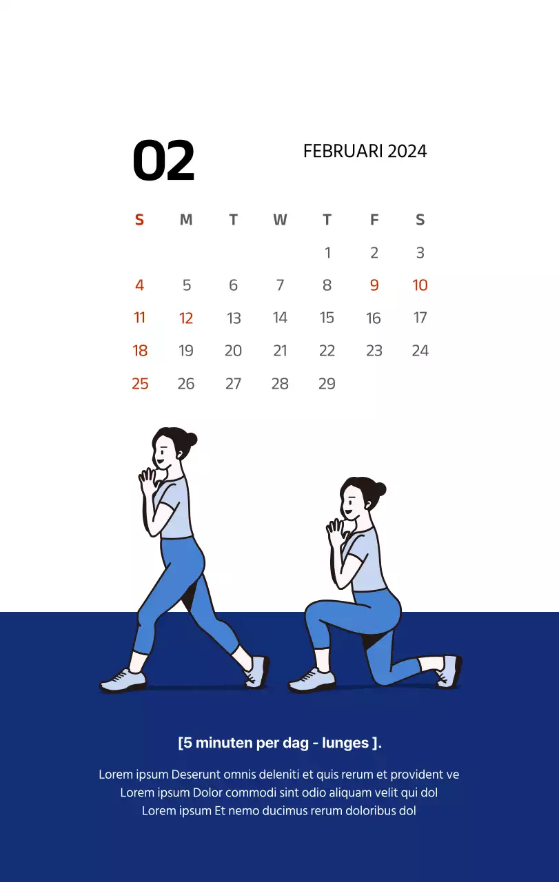 Eenvoudige kalender met strakke illustraties in blauw