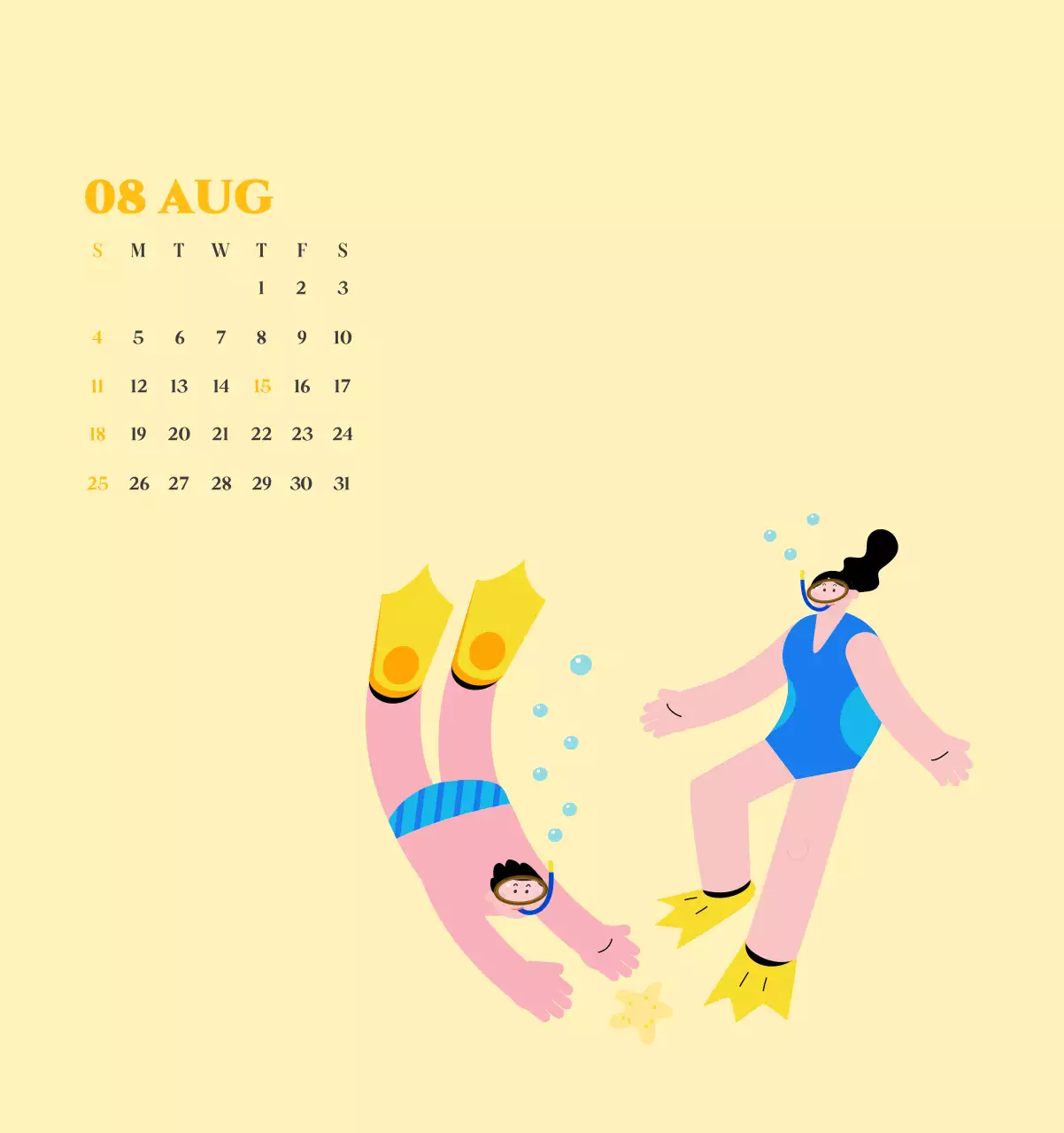 Kalender met jeugdillustraties op een gele en groene achtergrond