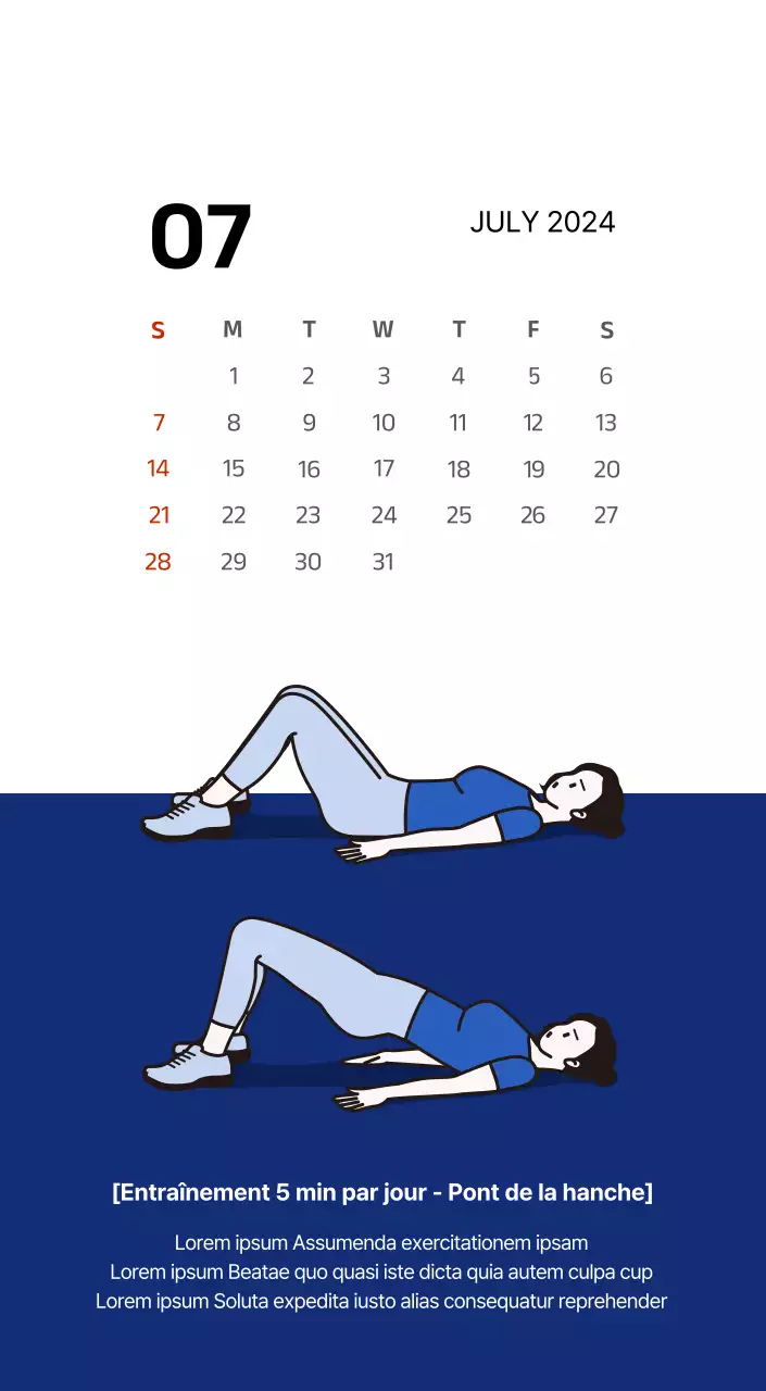 Calendrier simple avec des illustrations épurées en bleu