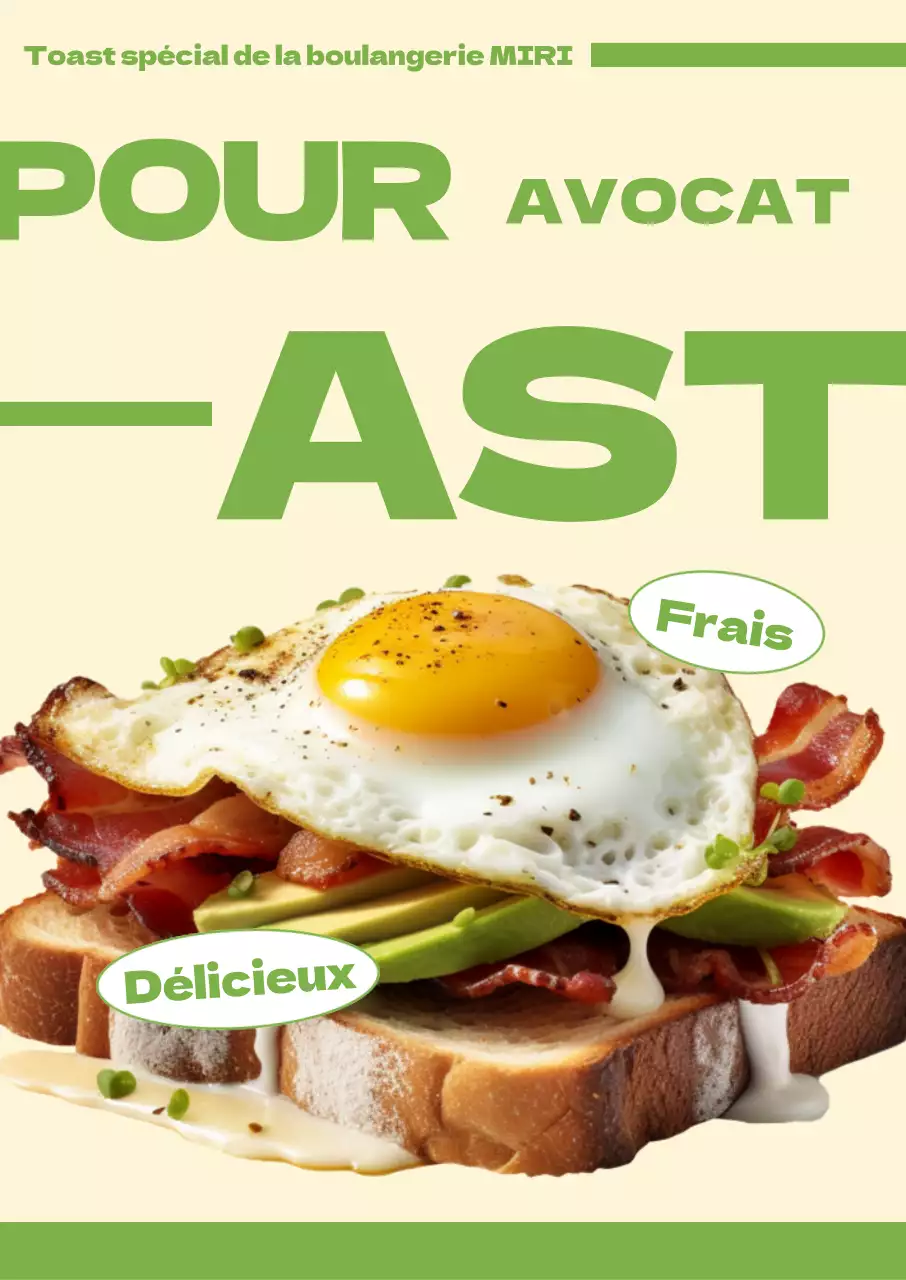 Brunch de toasts à l'avocat Menu d'un café et d'une boulangerie avec des images photoréalistes, un texte en gras et des accents de couleur.
