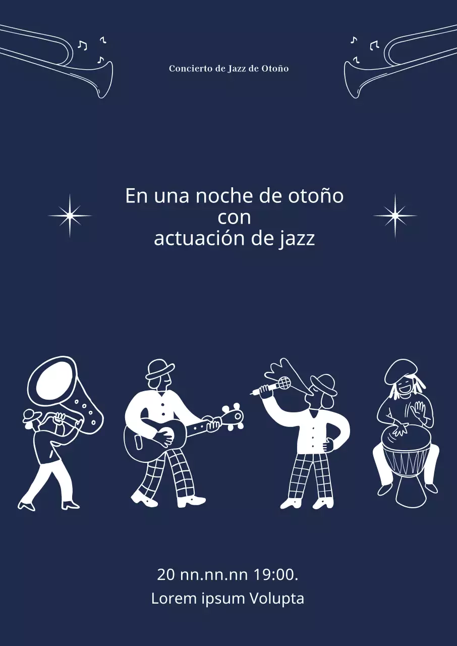 Cartel de actuación de jazz con ilustraciones de personas tocando y cantando.