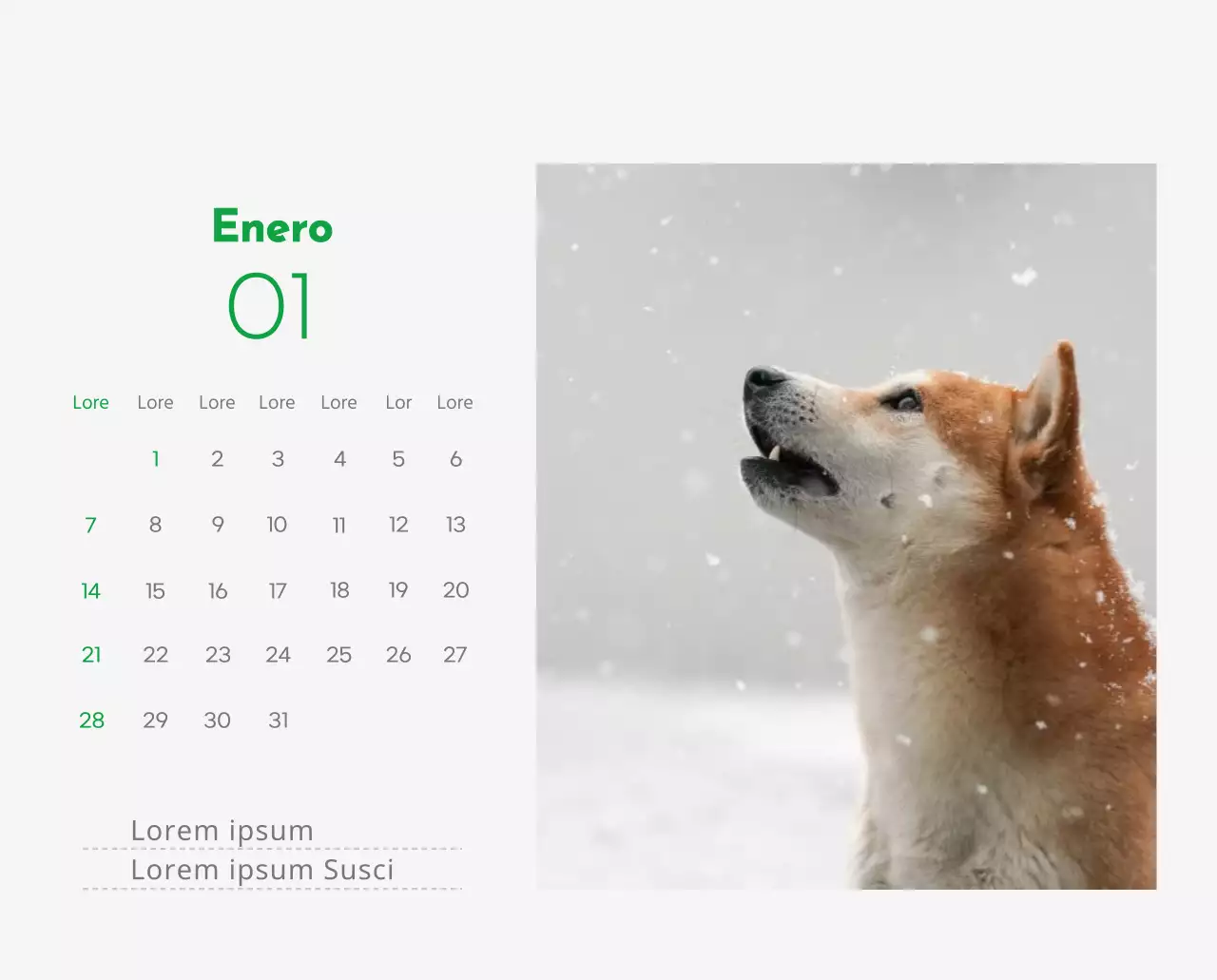 Un calendario con la imagen de un cachorro y un bonito mensaje en tonos verdes.