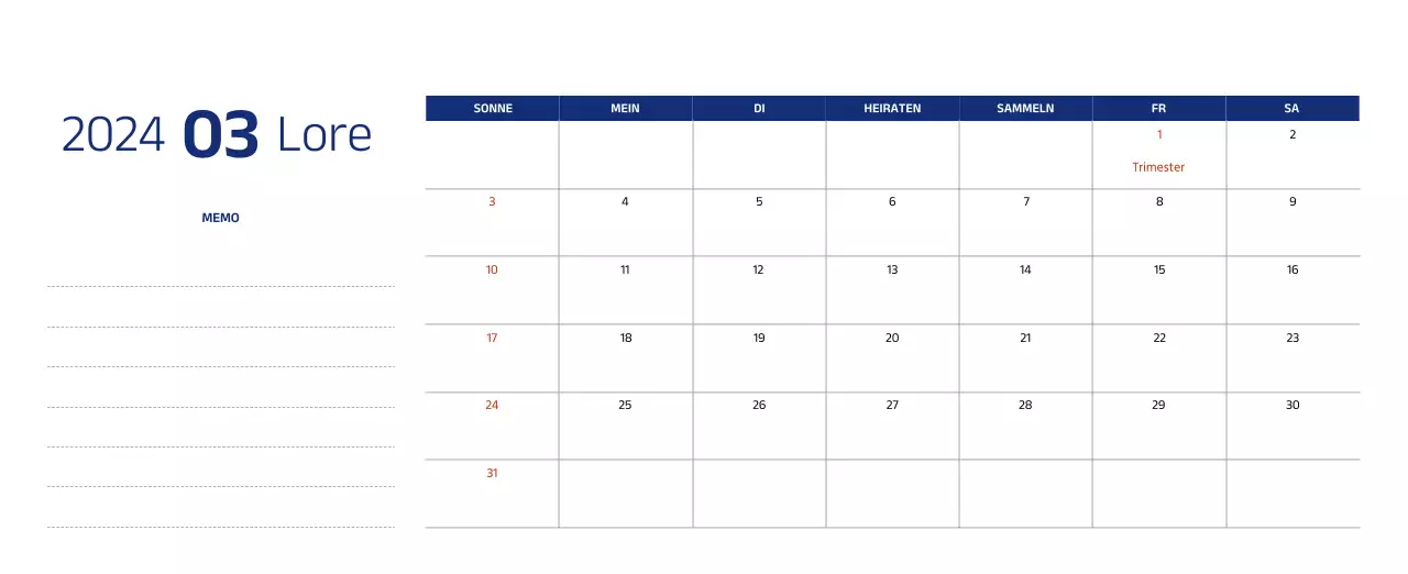 Einfacher Kalender mit klaren Illustrationen in Blau