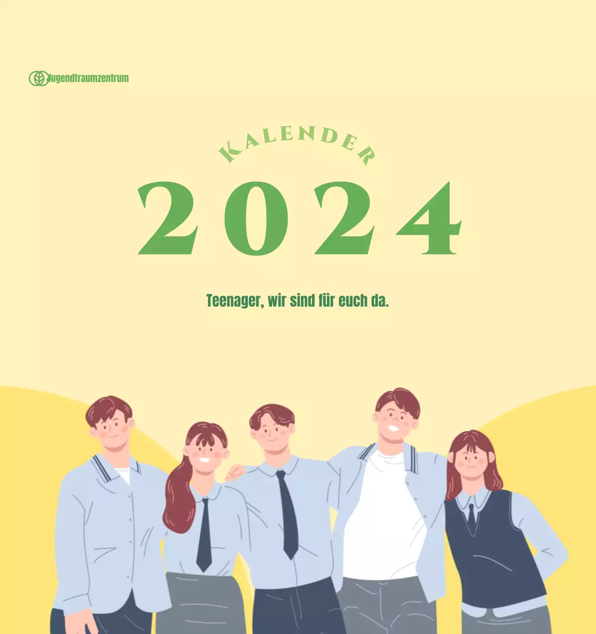 Kalender mit Jugendillustrationen auf gelbem und grünem Hintergrund