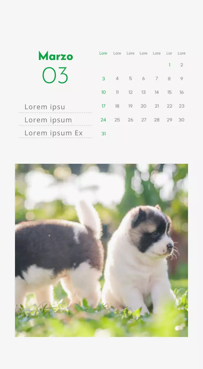 Un calendario con l'immagine di un cucciolo e un simpatico messaggio in verde.