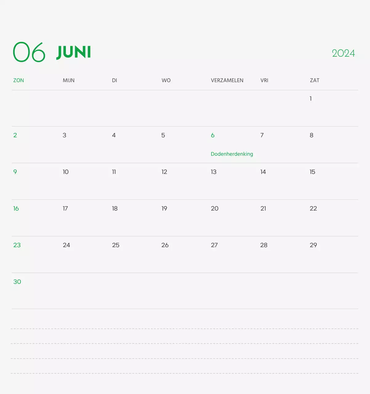 Een kalender met een afbeelding van een puppy en een schattige boodschap in groene accenten