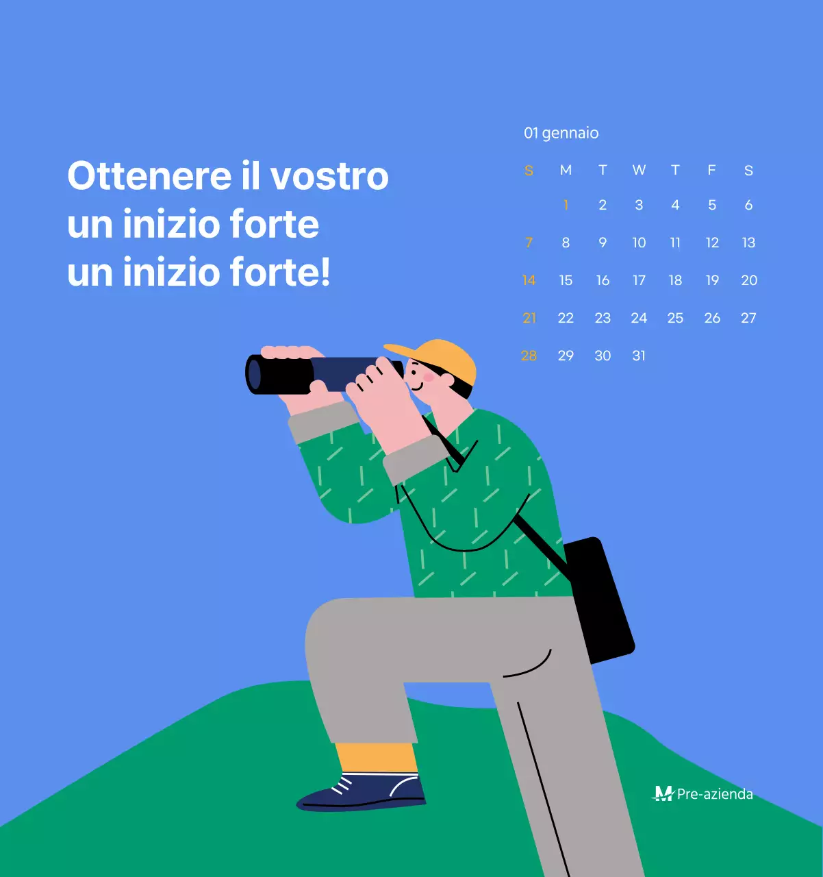 Calendario motivazionale con illustrazioni energetiche e citazioni positive su sfondo azzurro
