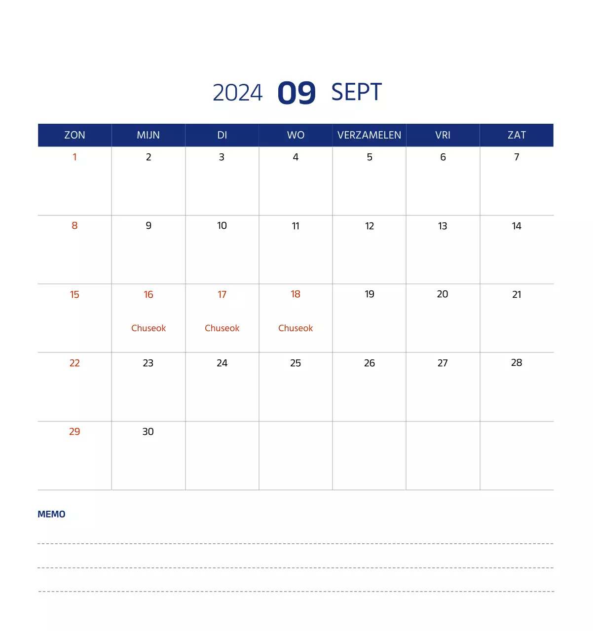 Eenvoudige kalender met strakke illustraties in blauw