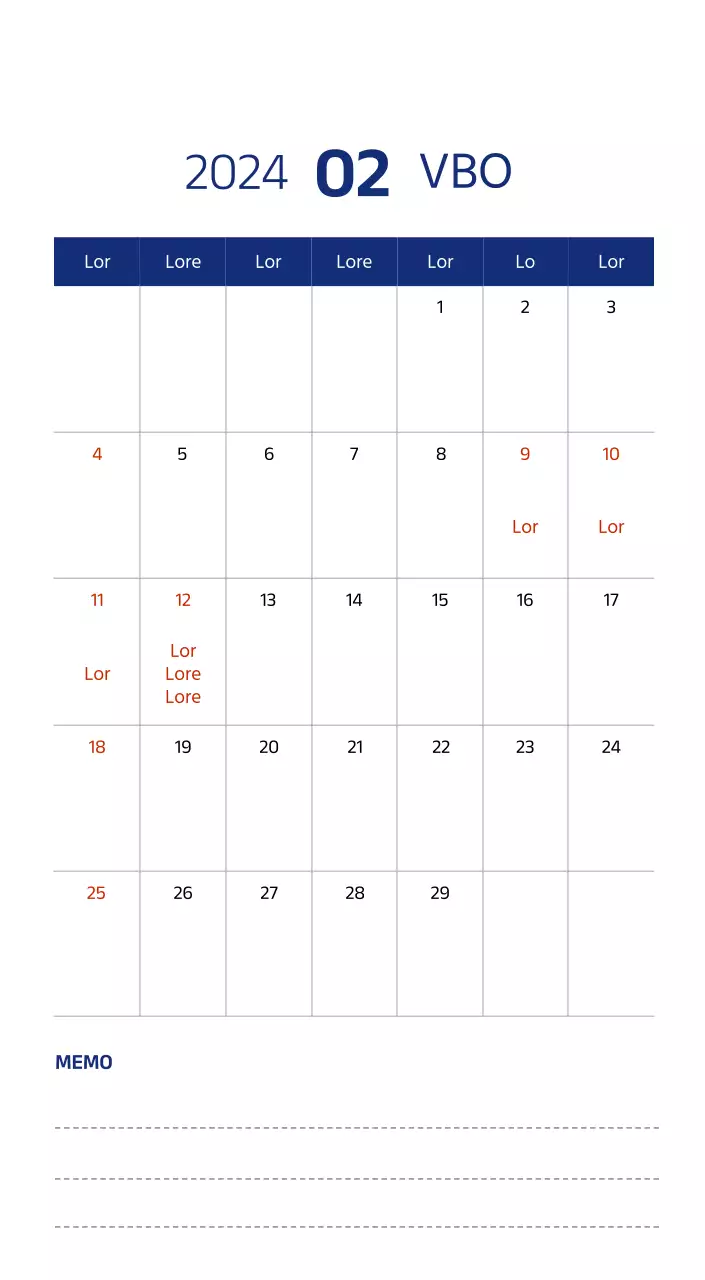 Eenvoudige kalender met strakke illustraties in blauw