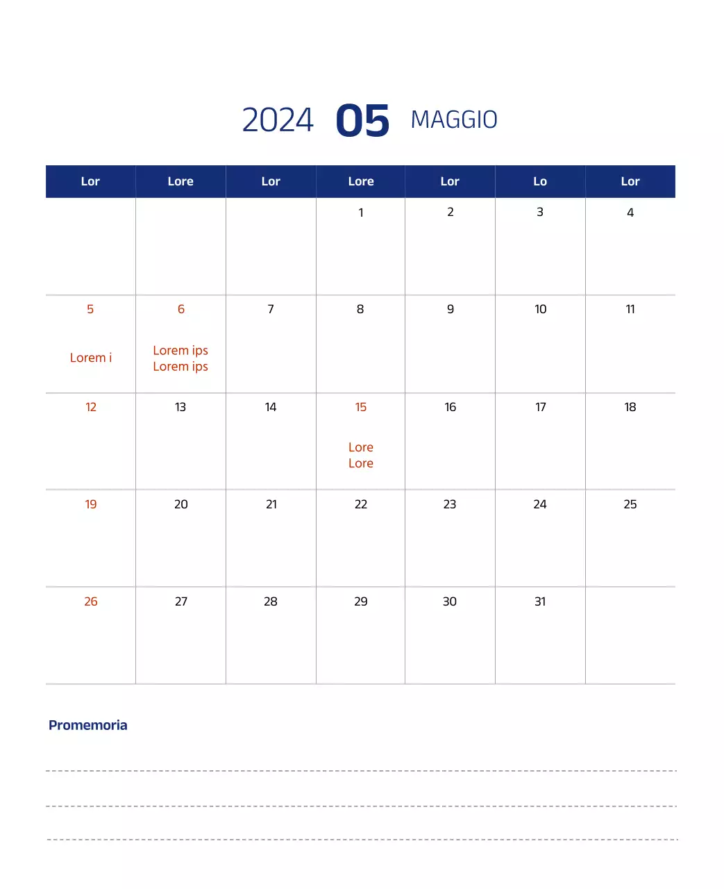 Calendario semplice con illustrazioni pulite in blu