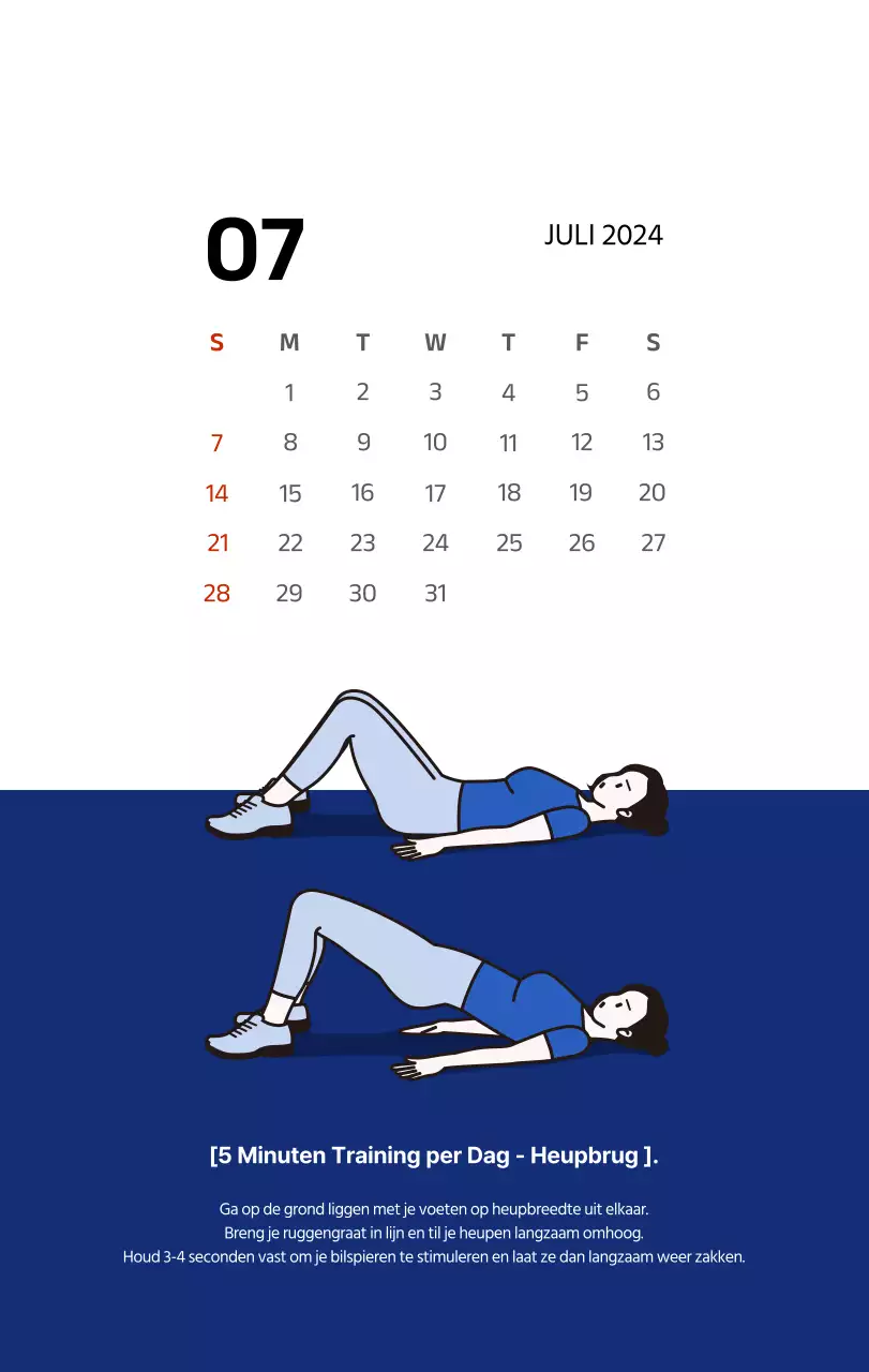 Eenvoudige kalender met strakke illustraties in blauw