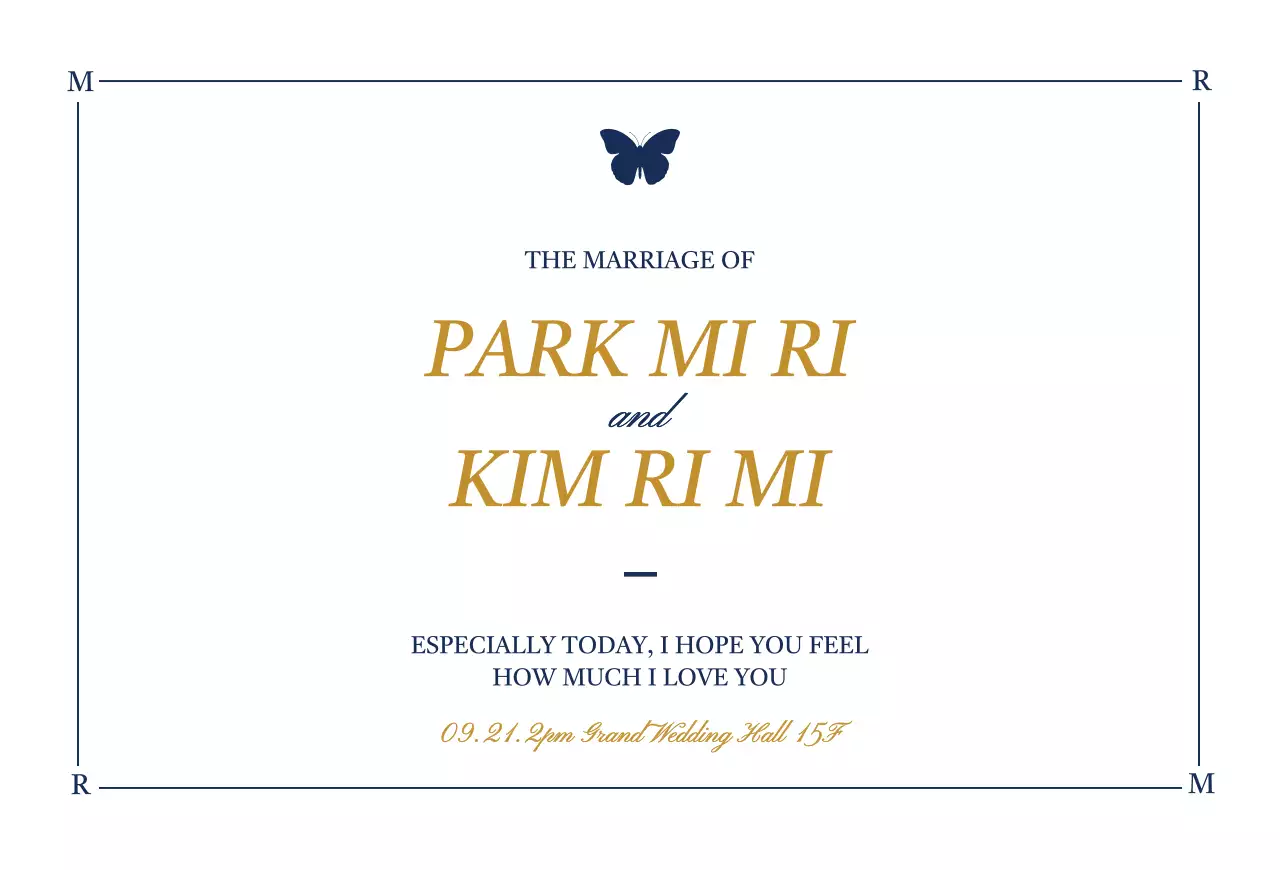 Undangan pernikahan berdesain berkelas dengan ilustrasi kupu-kupu berwarna putih dan biru tua