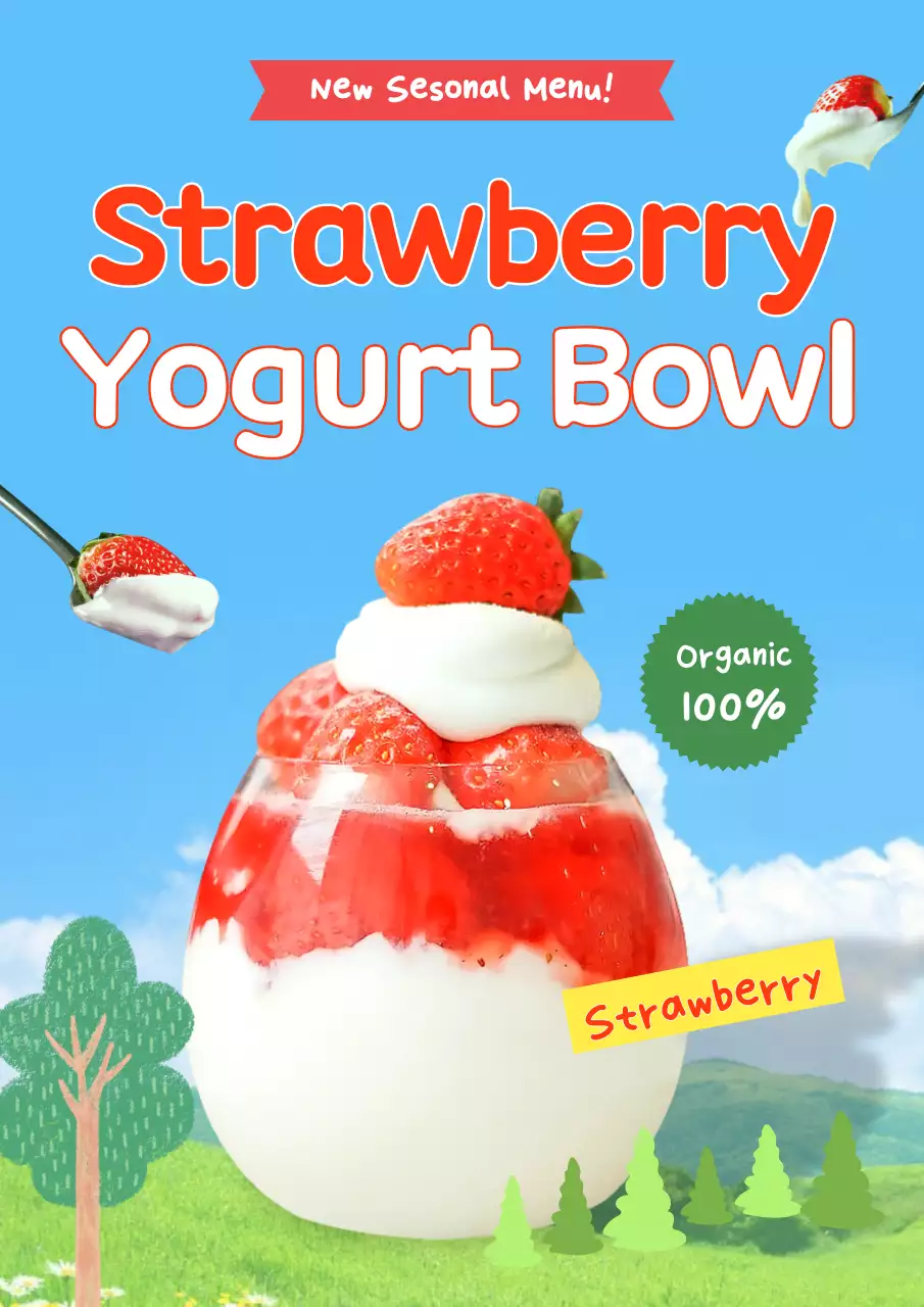 빨강과 하늘색의 키치한 유기농 신메뉴 홍보