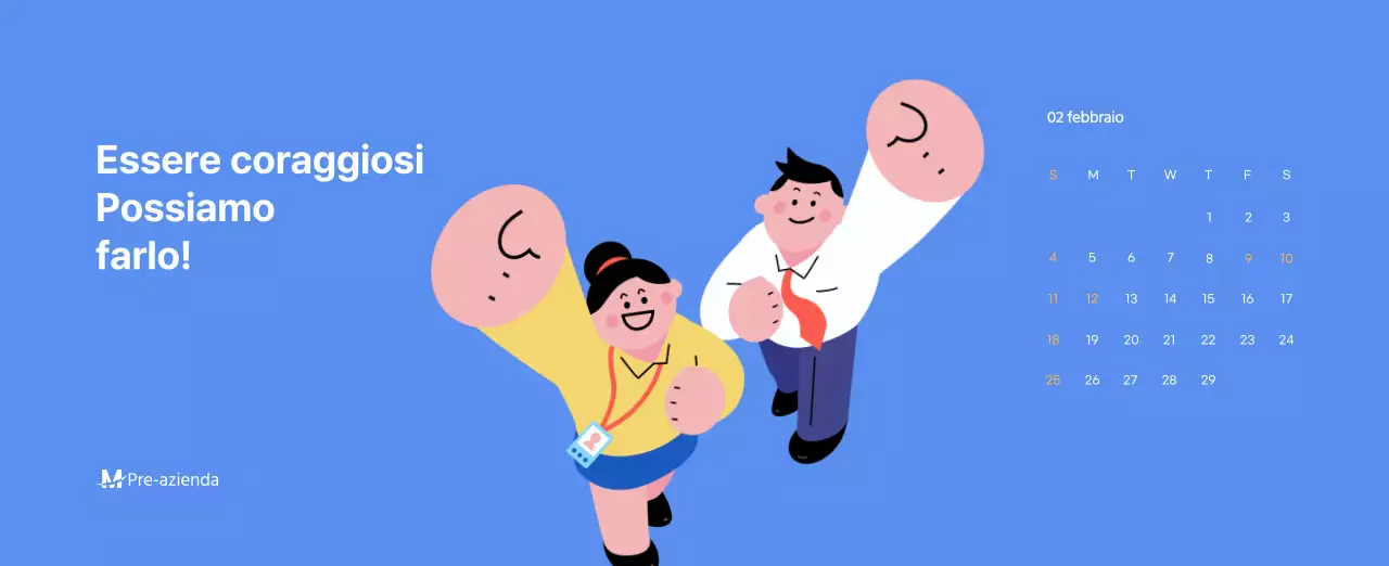 Calendario motivazionale con illustrazioni energetiche e citazioni positive su sfondo azzurro