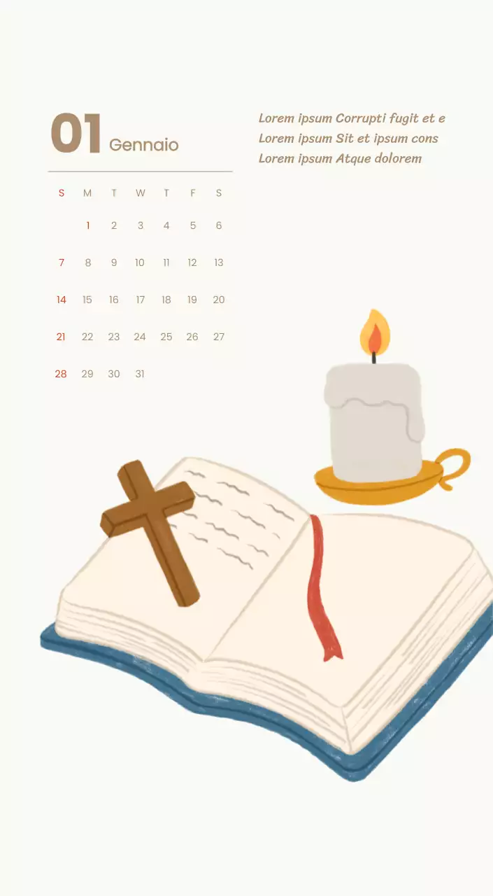 Un calendario devozionale con illustrazioni accoglienti e versetti della Bibbia su uno sfondo blu chiaro