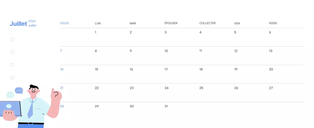 Calendrier de motivation avec des illustrations énergiques et des citations positives sur un fond bleu clair