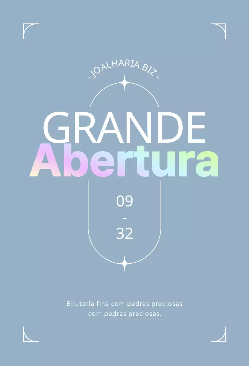 Um postal que promove a grande abertura de uma joalharia em tons de azul claro