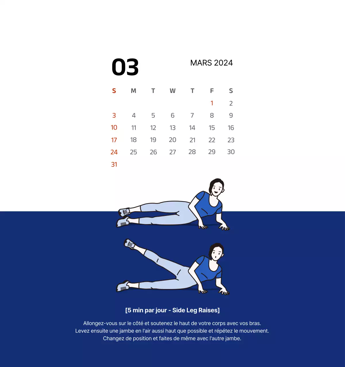 Calendrier simple avec des illustrations épurées en bleu