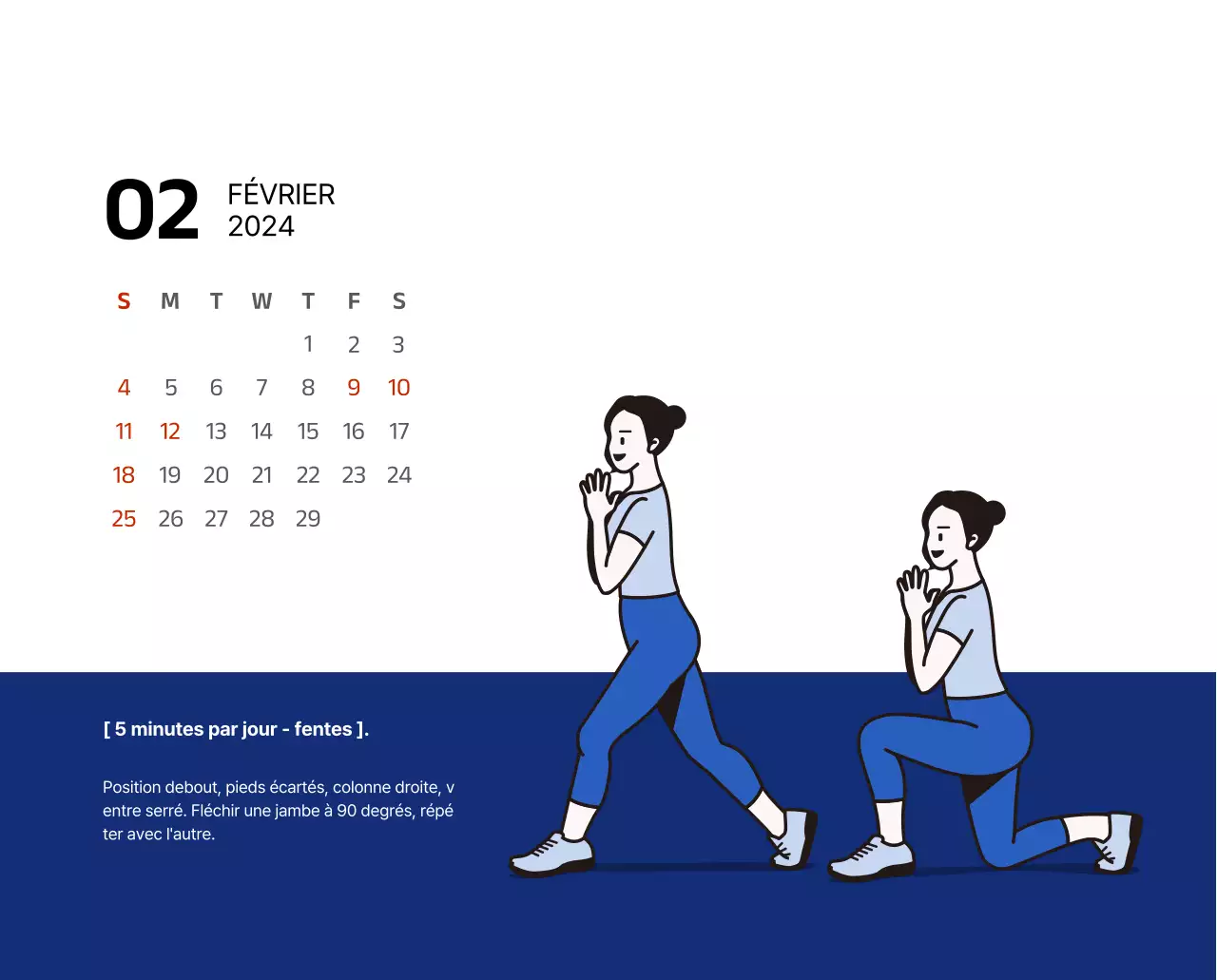 Calendrier simple avec des illustrations épurées en bleu