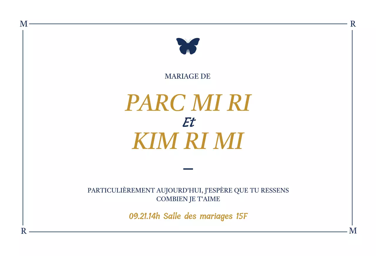 Invitation de mariage au design élégant avec des illustrations de papillons en blanc et bleu marine