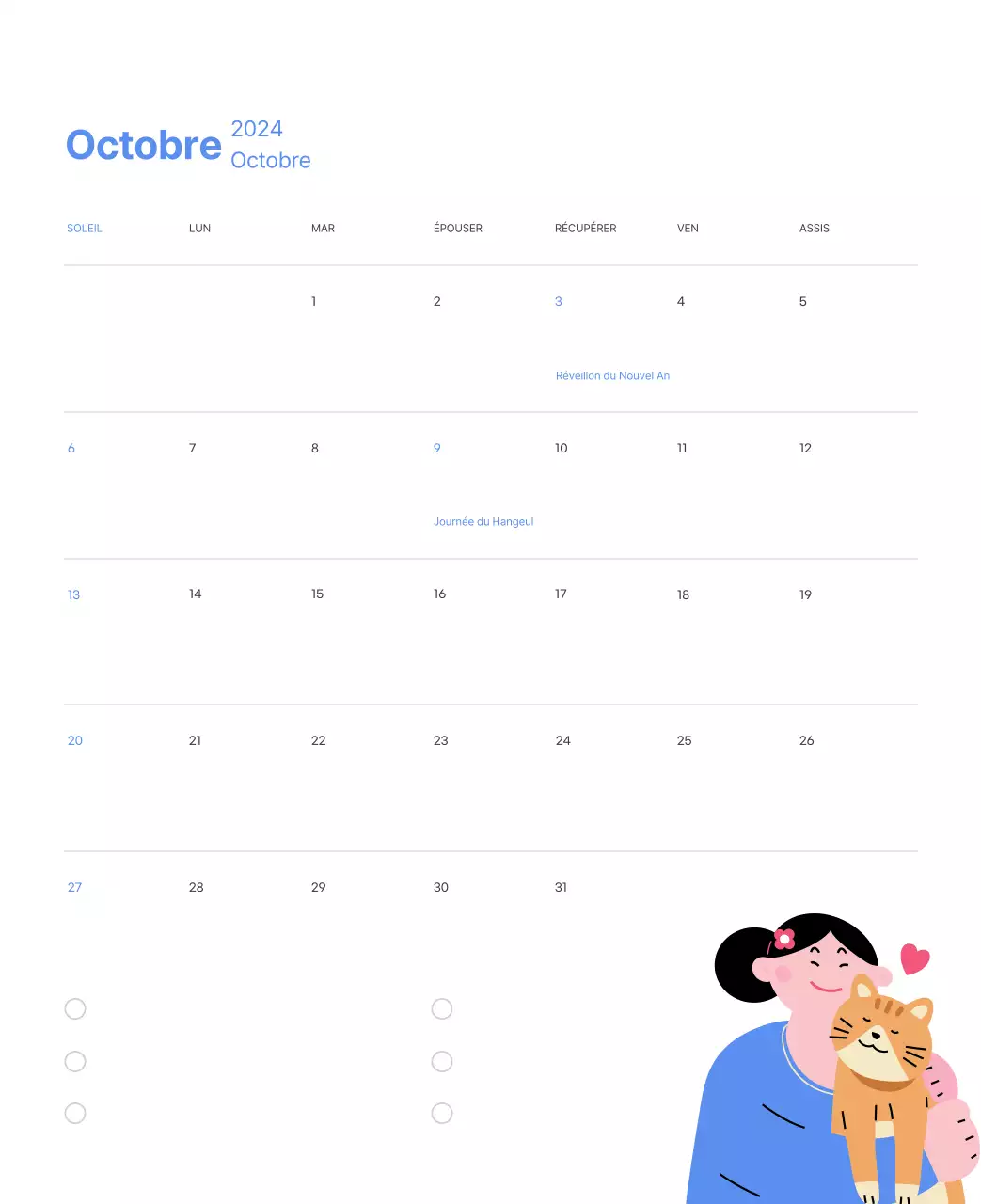Calendrier de motivation avec des illustrations énergiques et des citations positives sur un fond bleu clair