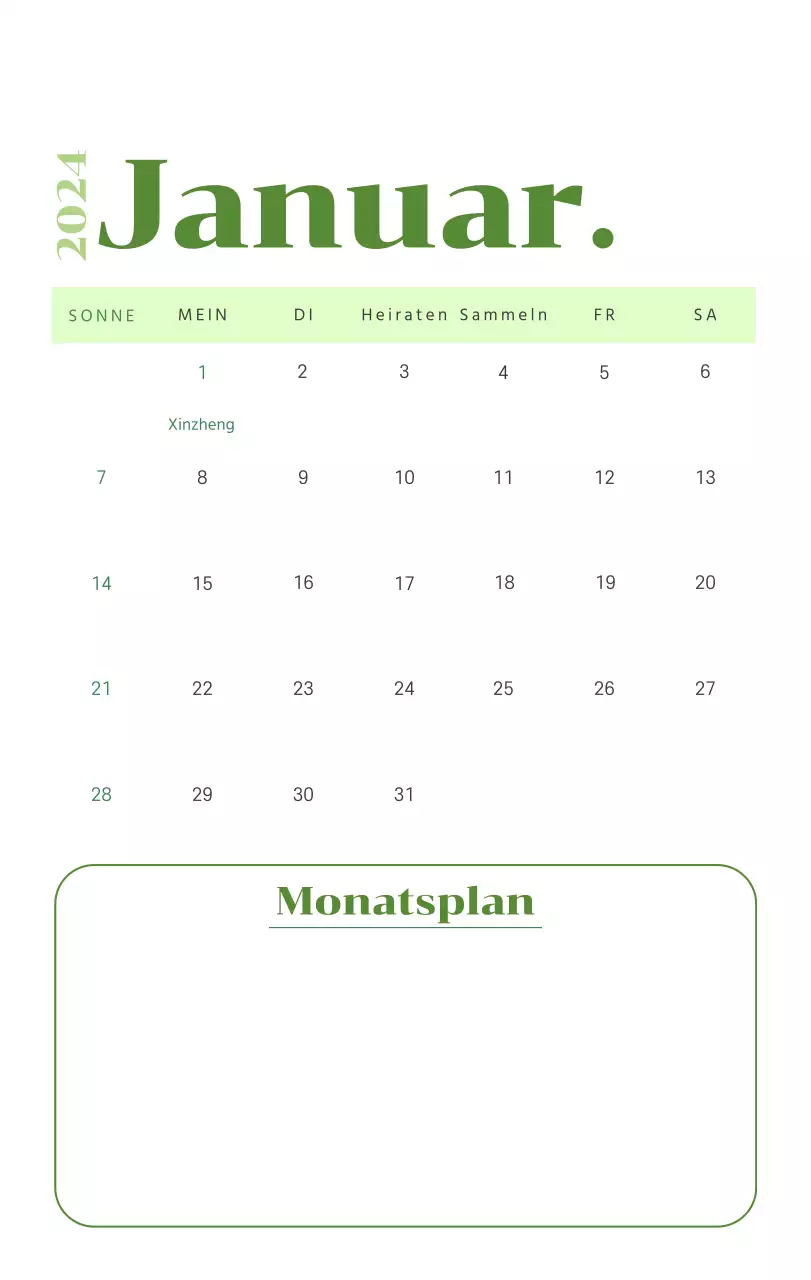 Kalender mit Jugendillustrationen auf gelbem und grünem Hintergrund