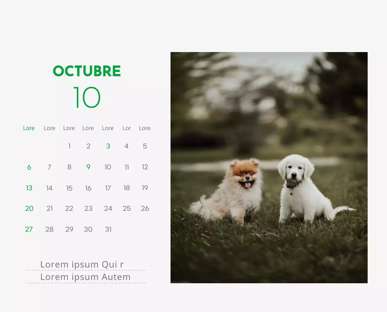 Un calendario con la imagen de un cachorro y un bonito mensaje en tonos verdes.