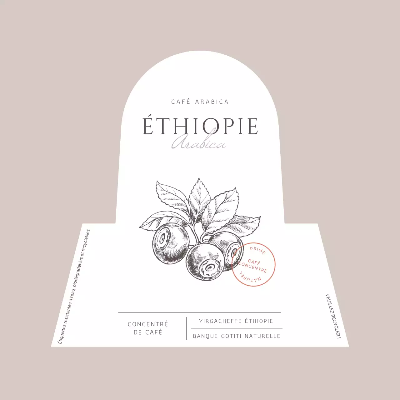 Conception d'une étiquette de produit pour un concentré de café dans des tons sourds