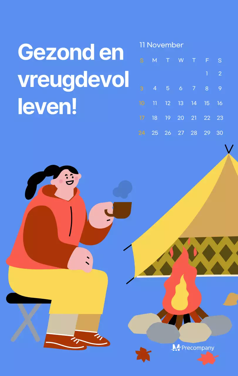 Motiverende kalender met energieke illustraties en positieve citaten op een lichtblauwe achtergrond