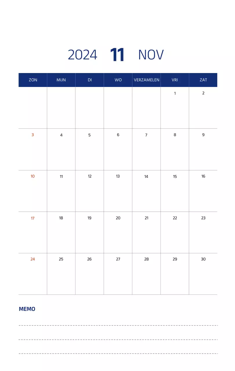 Eenvoudige kalender met strakke illustraties in blauw