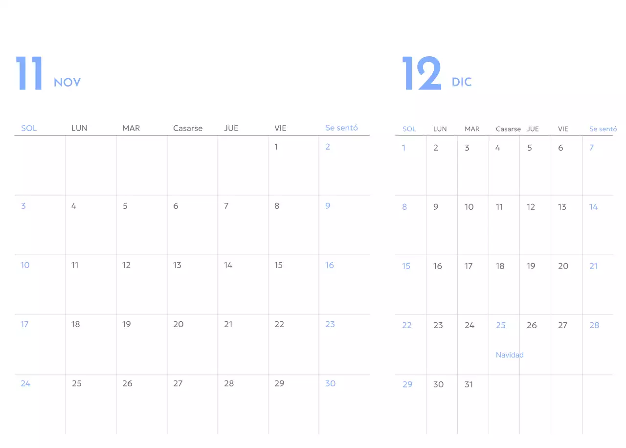 Calendario de seguimiento de objetivos con un toque de azul