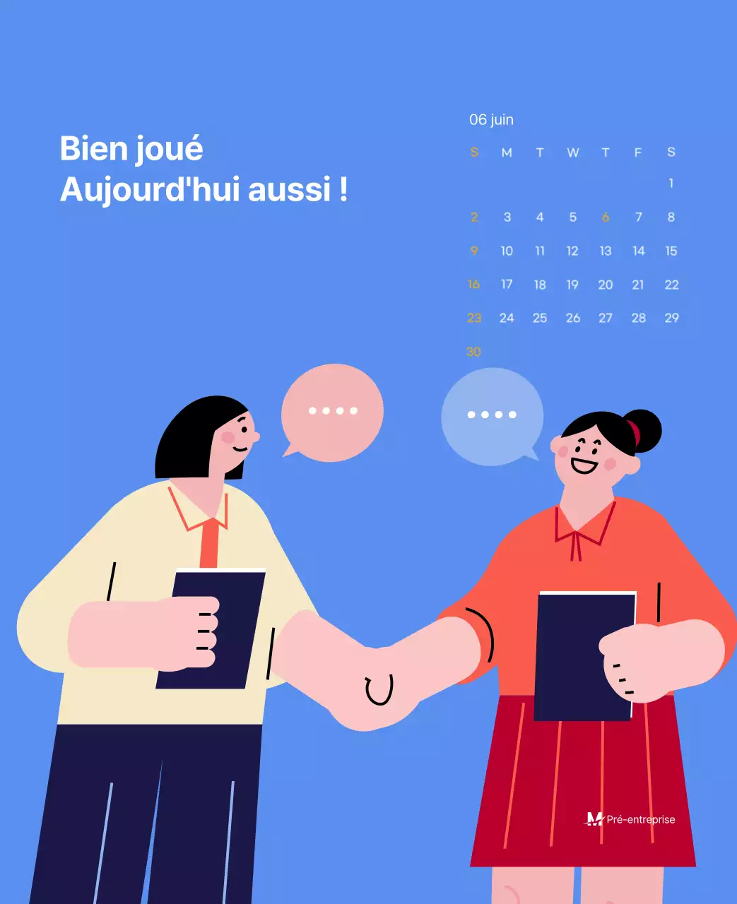 Calendrier de motivation avec des illustrations énergiques et des citations positives sur un fond bleu clair