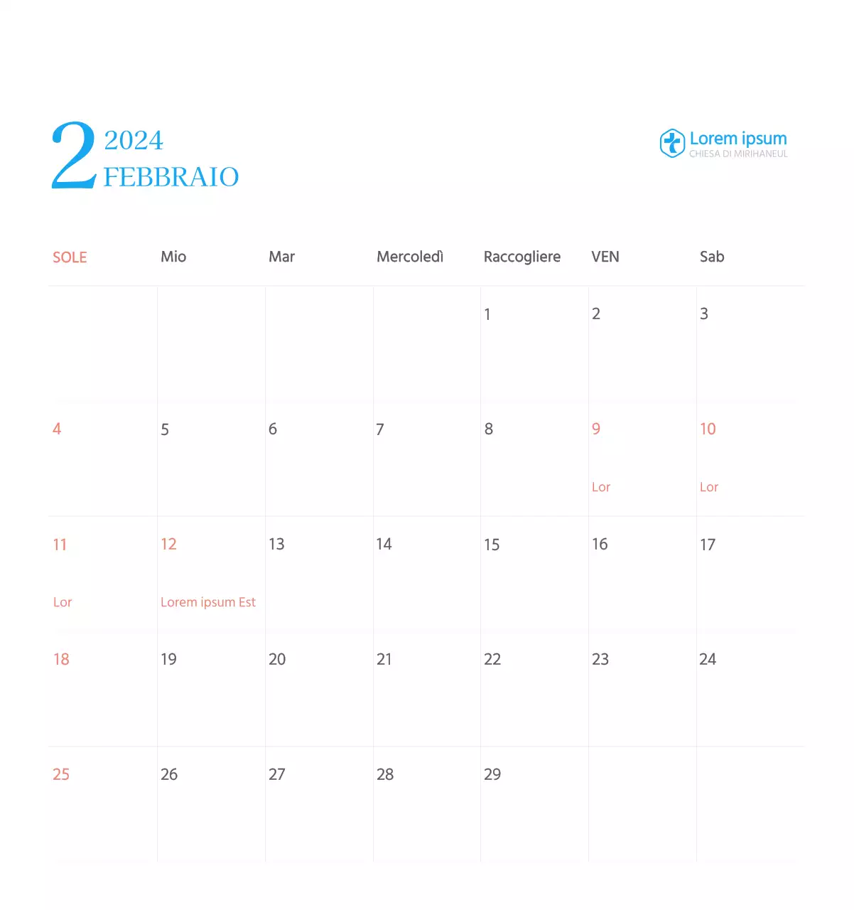 Calendario ecclesiastico blu di concezione moderna