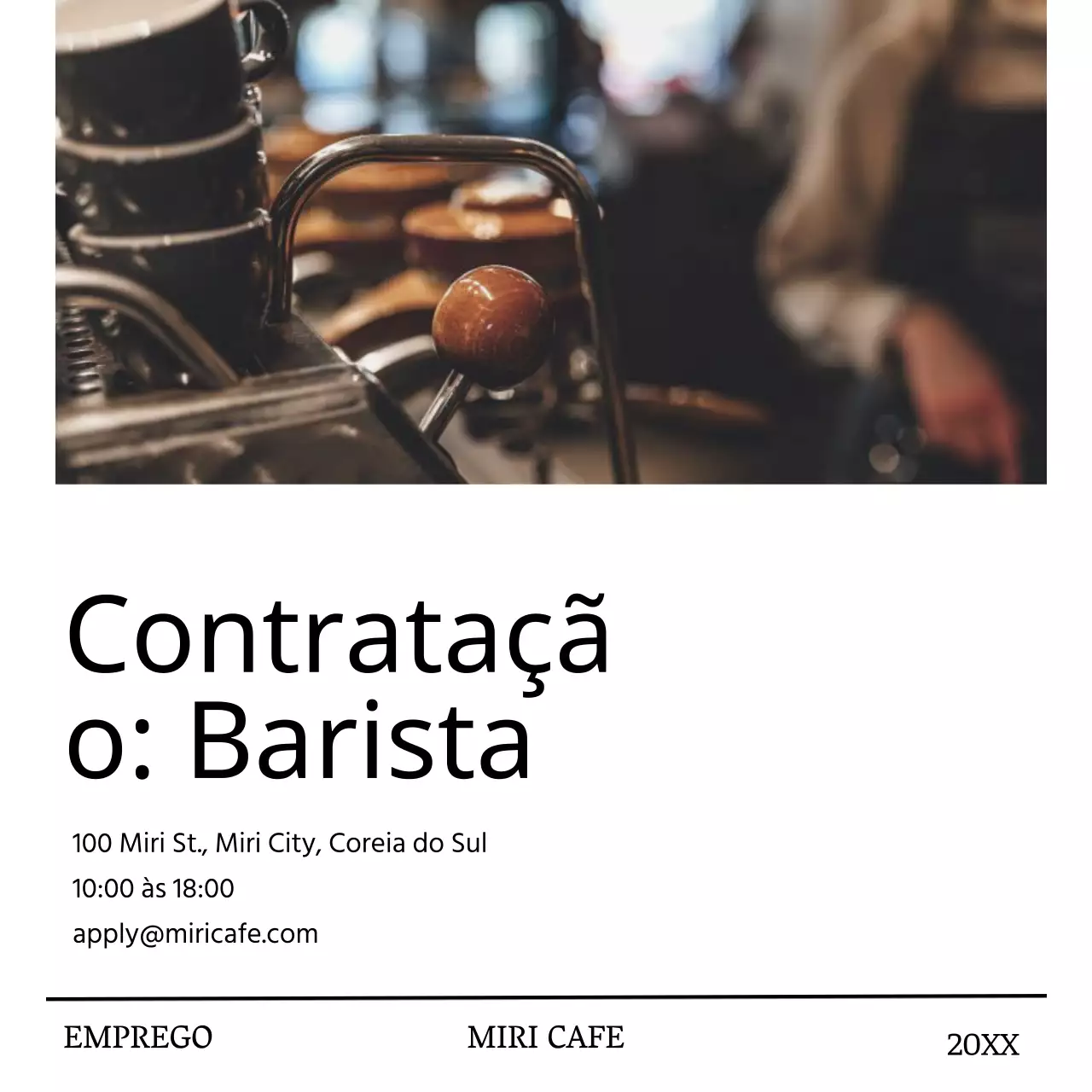 Um simples anúncio de recrutamento de baristas em branco e preto