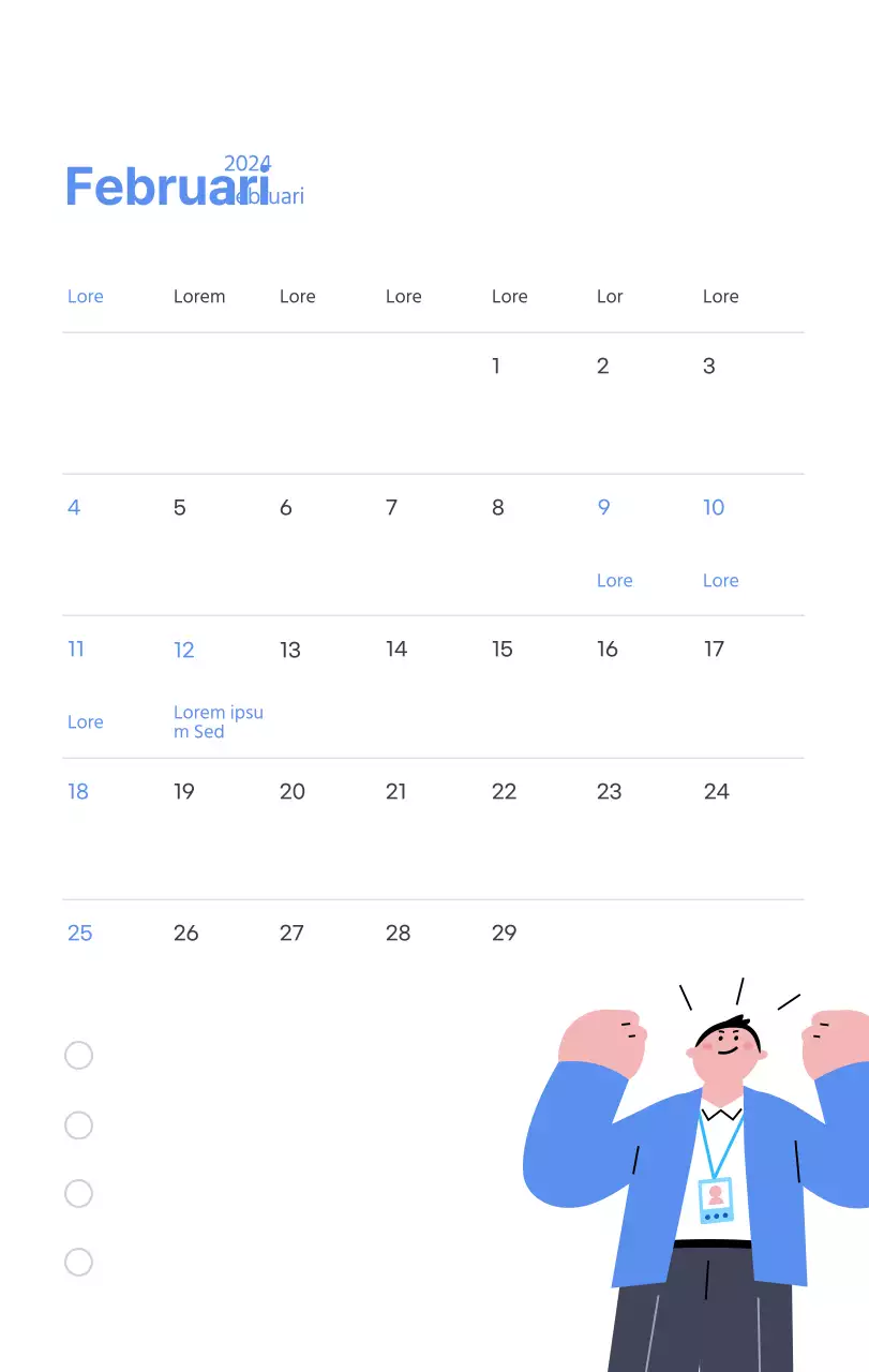 Motiverende kalender met energieke illustraties en positieve citaten op een lichtblauwe achtergrond