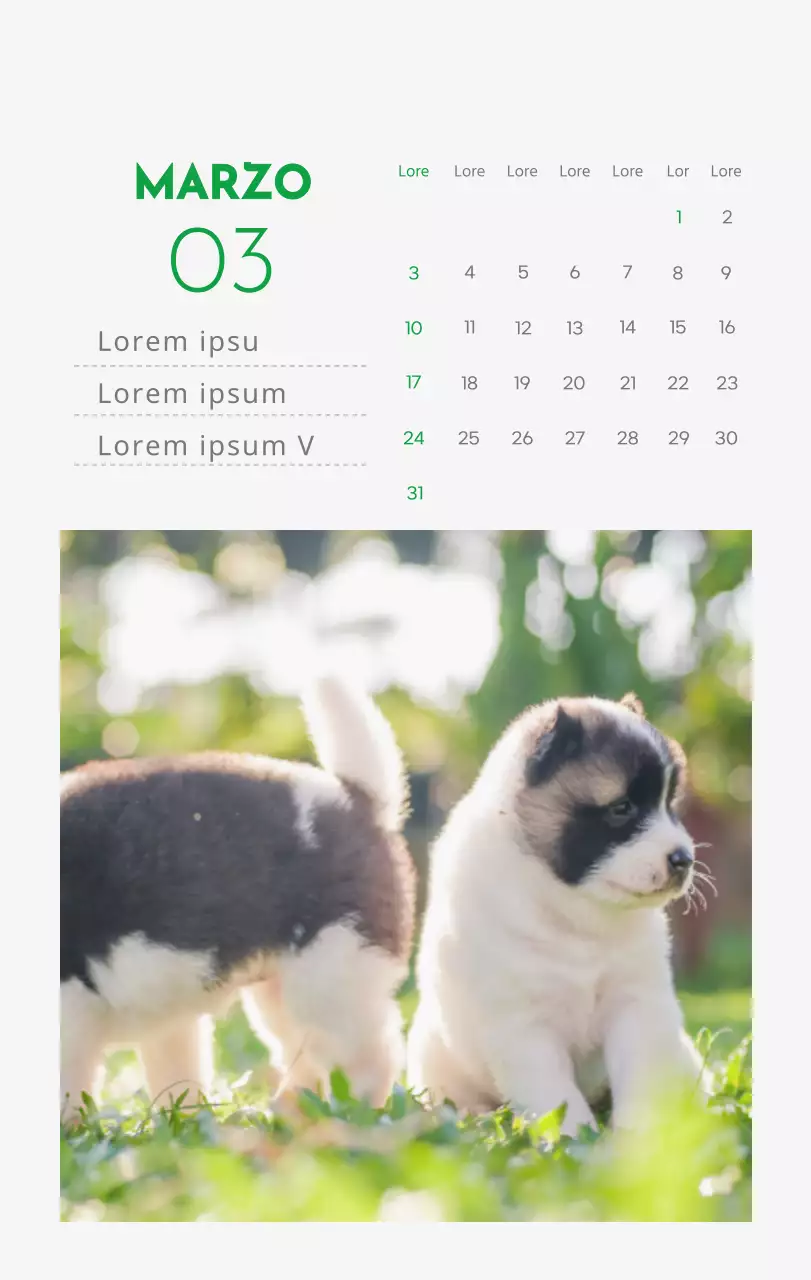 Un calendario con la imagen de un cachorro y un bonito mensaje en tonos verdes.