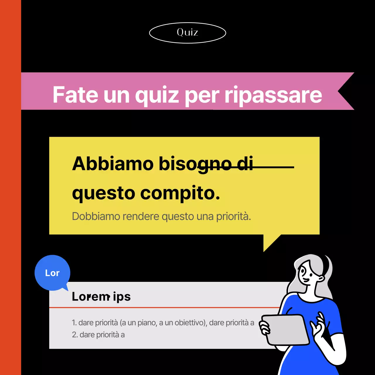 Una pubblicità arancione e blu per una scuola di conversazione rivolta a professionisti moderni.