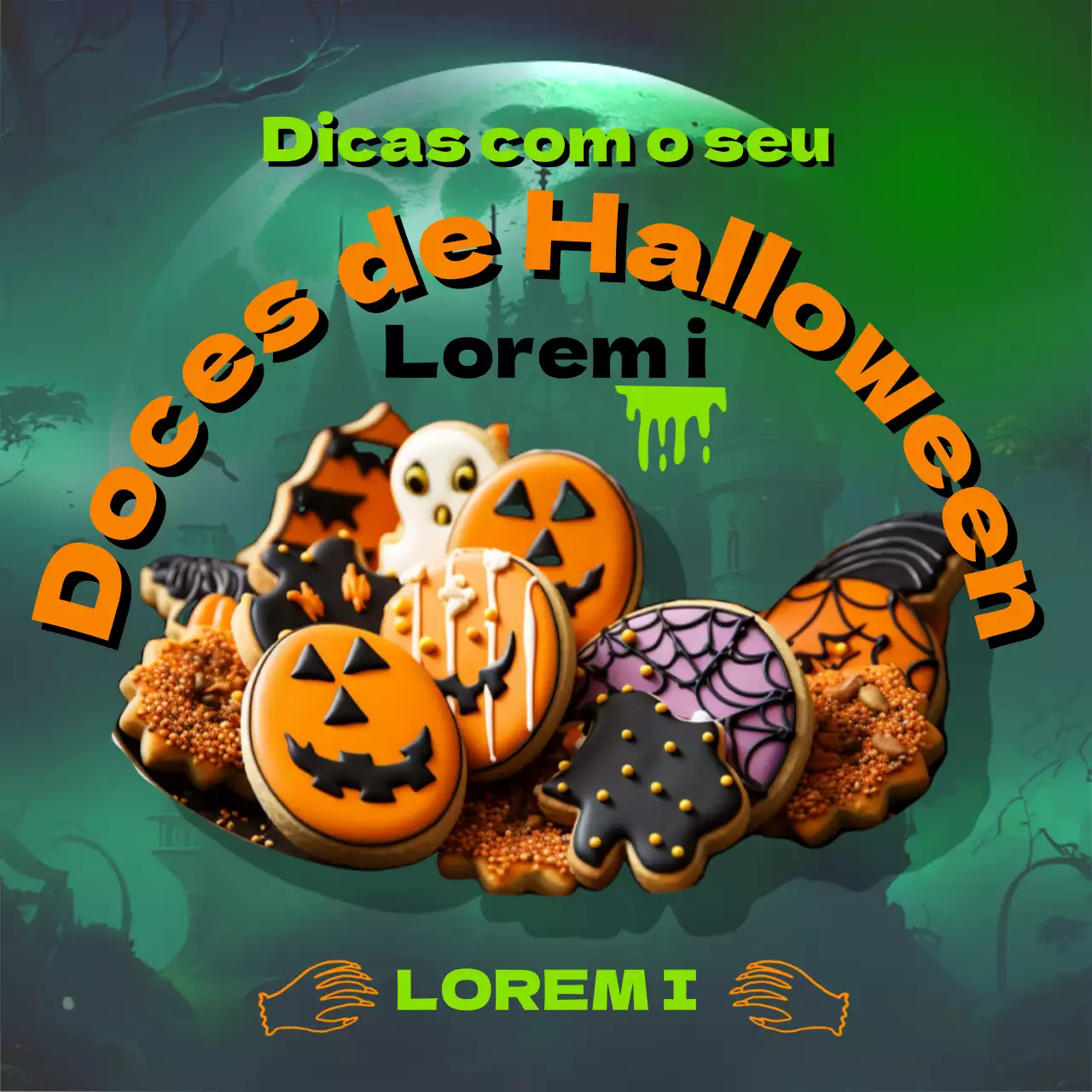 Anúncio de bolacha de Halloween SF em verde e laranja