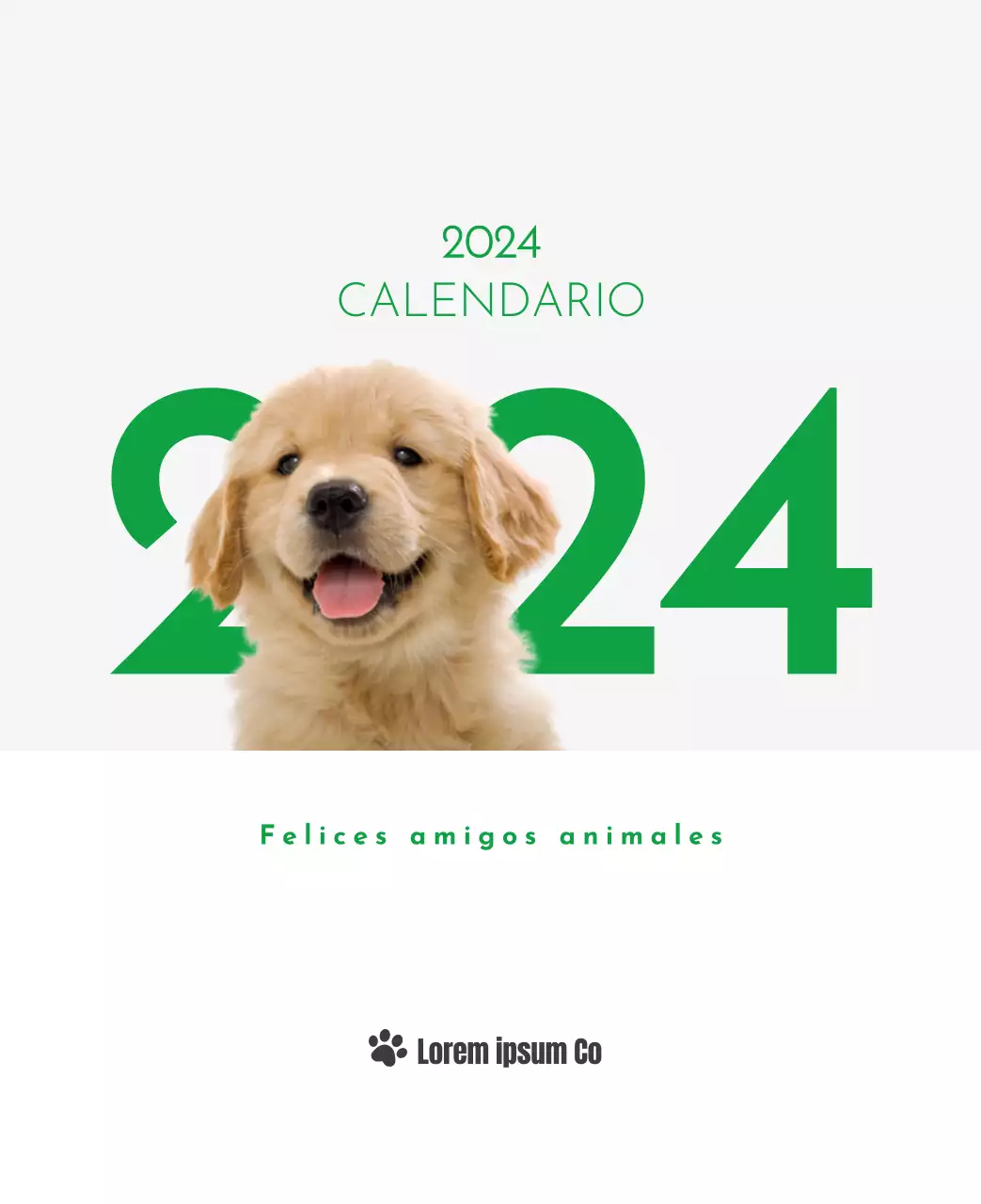 Un calendario con la imagen de un cachorro y un bonito mensaje en tonos verdes.