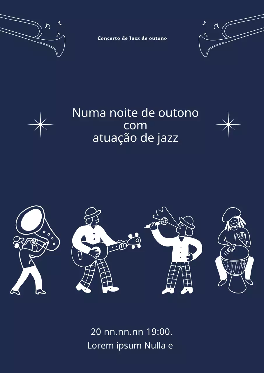 Cartaz de espetáculo de jazz com ilustrações de pessoas a tocar e a cantar.