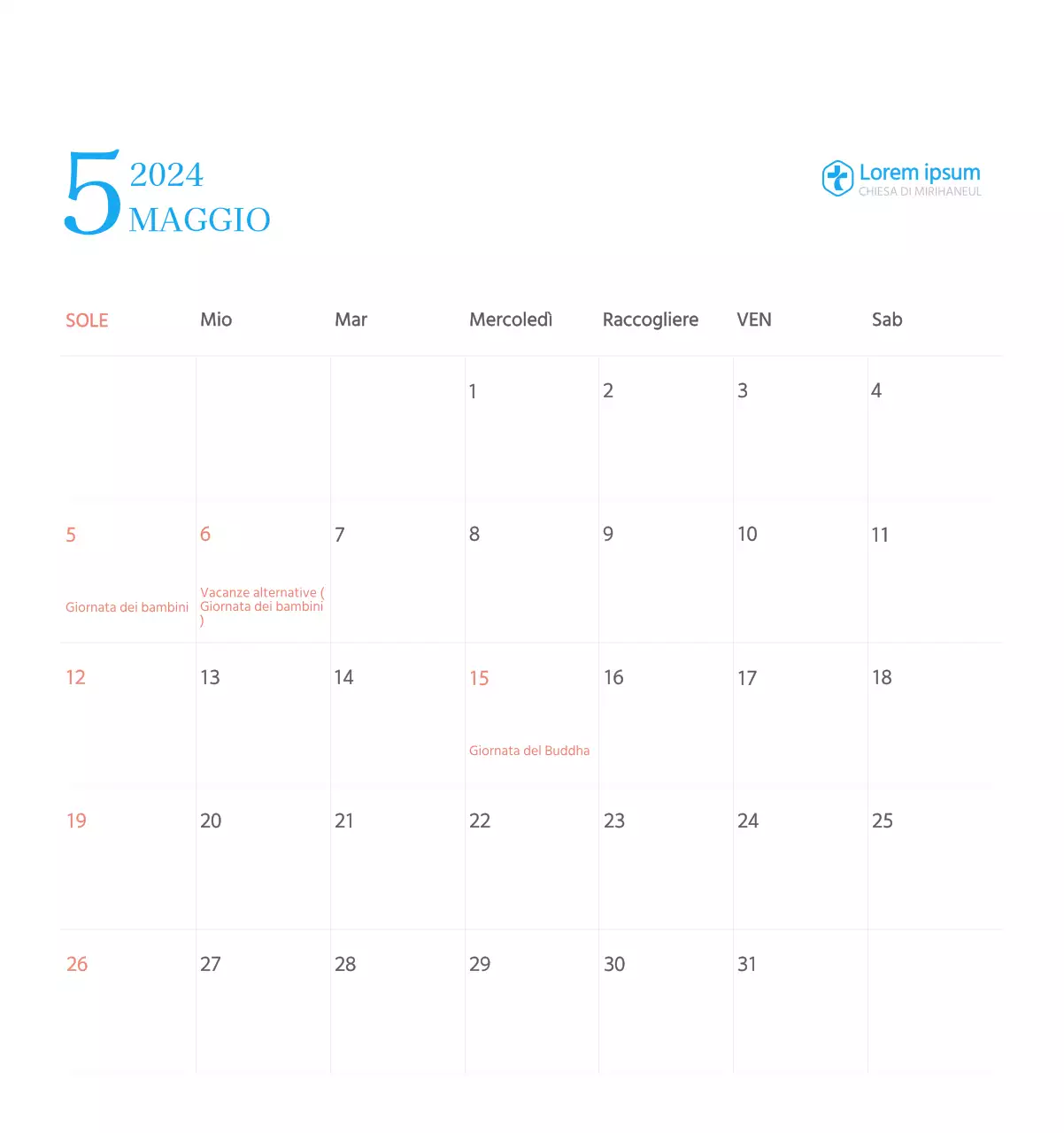 Calendario ecclesiastico blu di concezione moderna