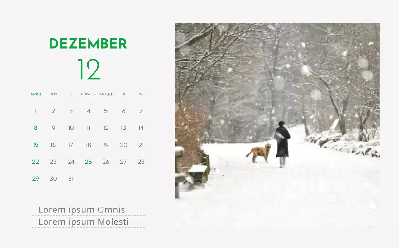 Ein Kalender mit einem Bild eines Welpen und einer niedlichen Botschaft in grünen Akzenten