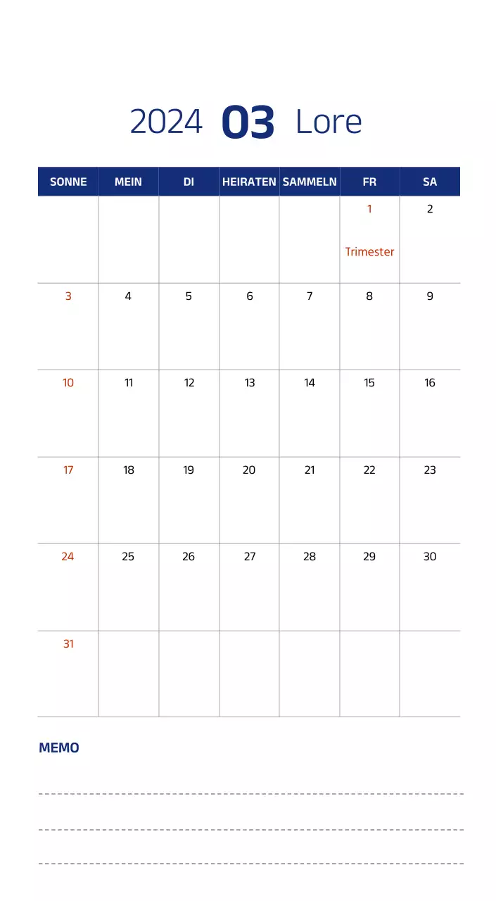 Einfacher Kalender mit klaren Illustrationen in Blau