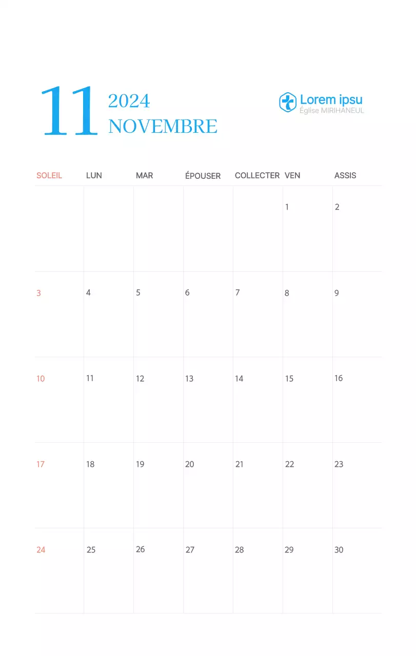 Calendrier d'église moderne bleu