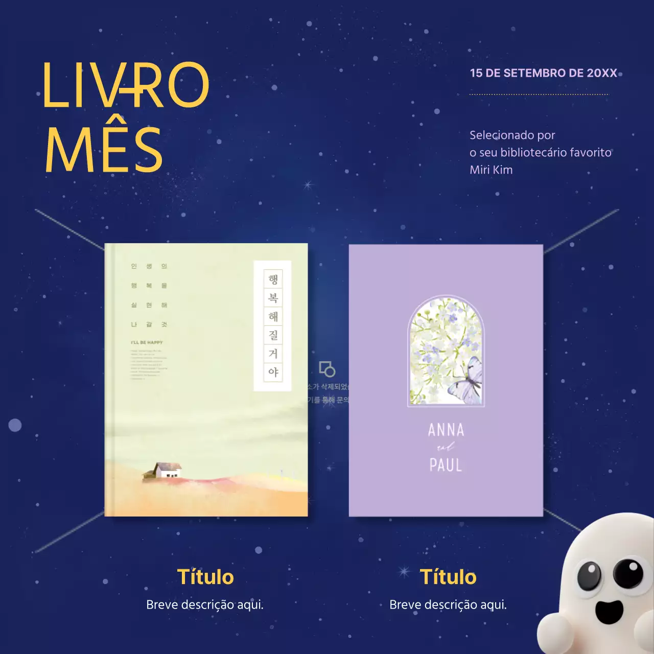 Anúncio minimalista de recomendação de livros em azul e lilás