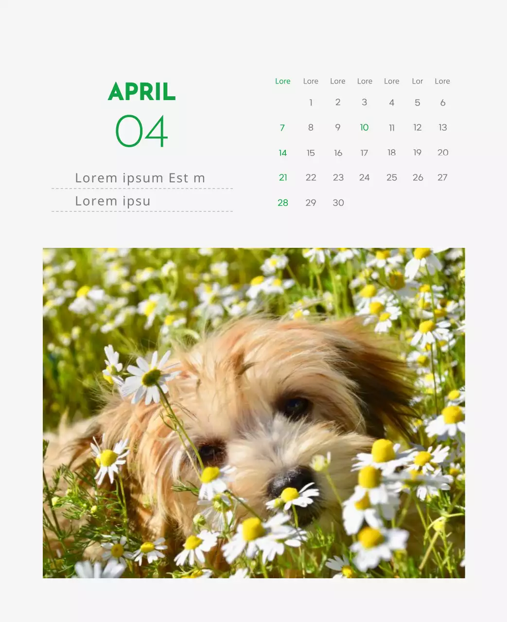 Een kalender met een afbeelding van een puppy en een schattige boodschap in groene accenten