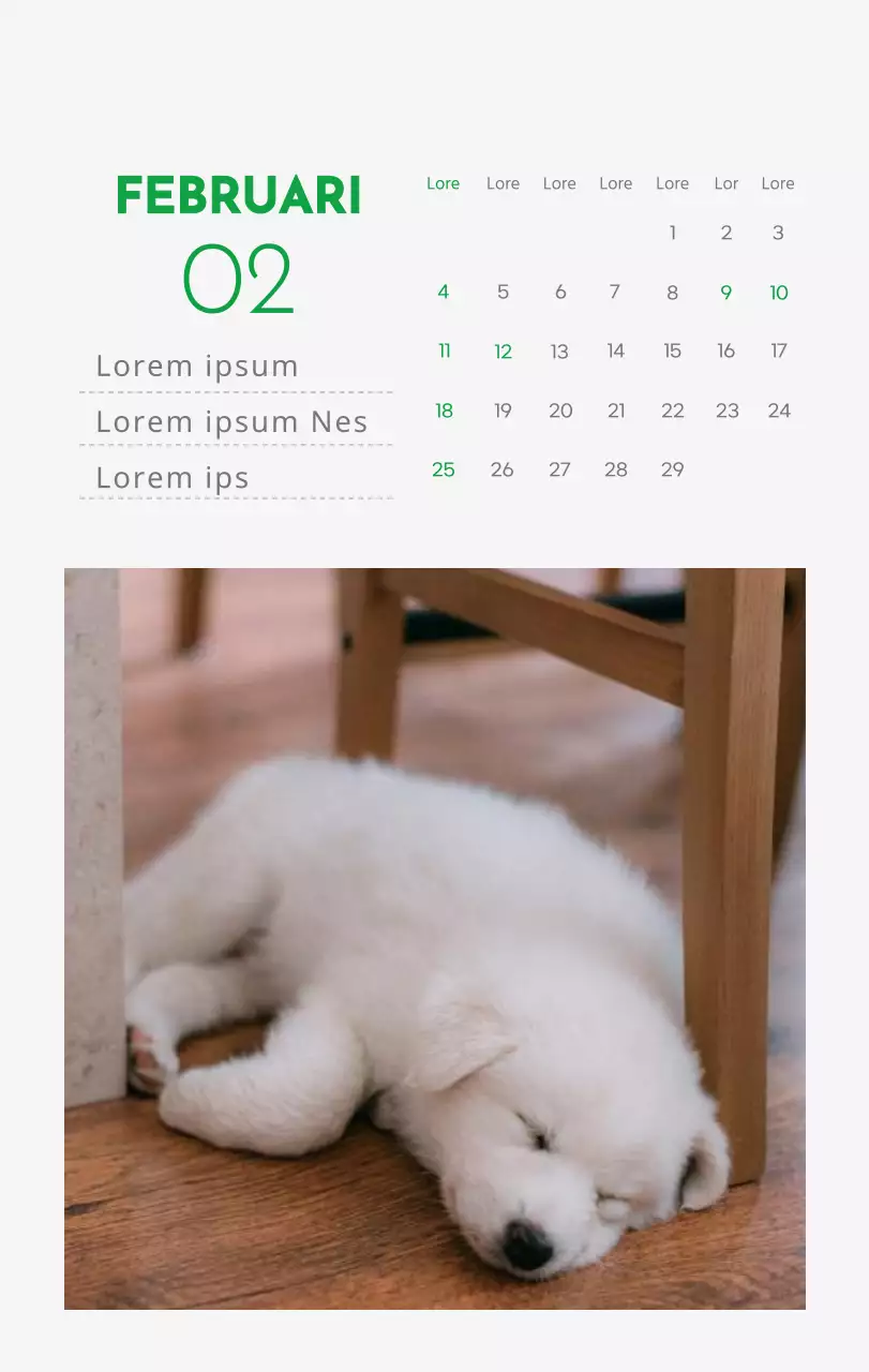 Een kalender met een afbeelding van een puppy en een schattige boodschap in groene accenten
