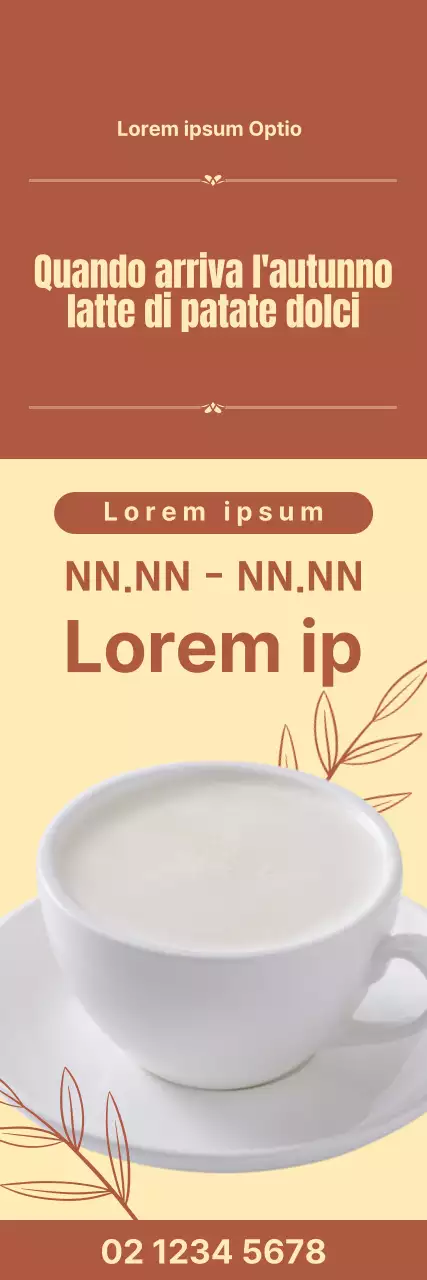 Banner Sweet Potato Latte con forme di foglie autunnali su sfondo giallo e marrone