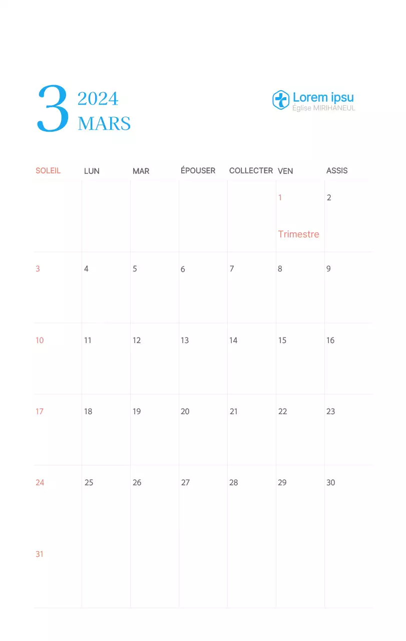 Calendrier d'église moderne bleu