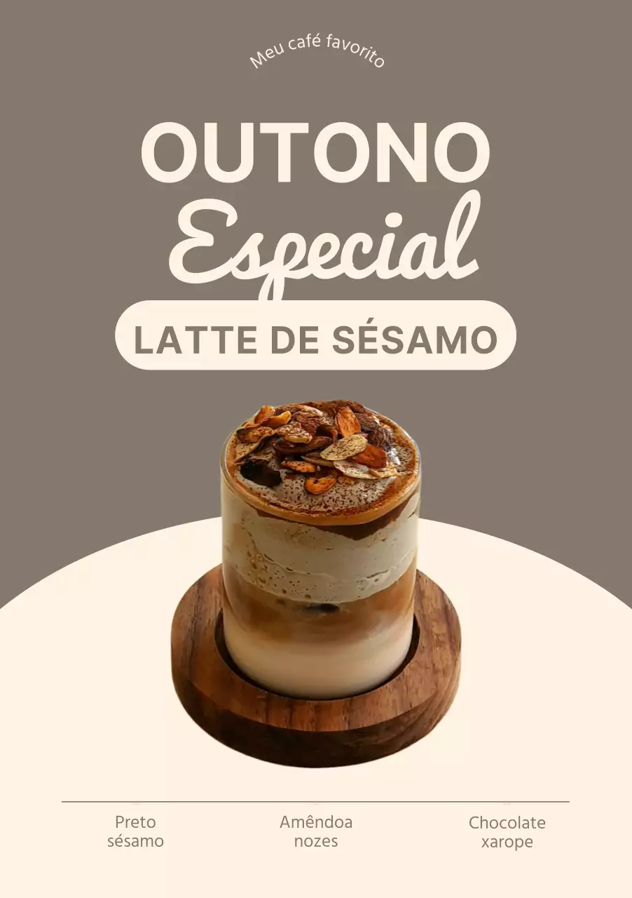 Cartaz de bebidas de outono com título em várias fontes e fotografia de um café com leite de amendoim